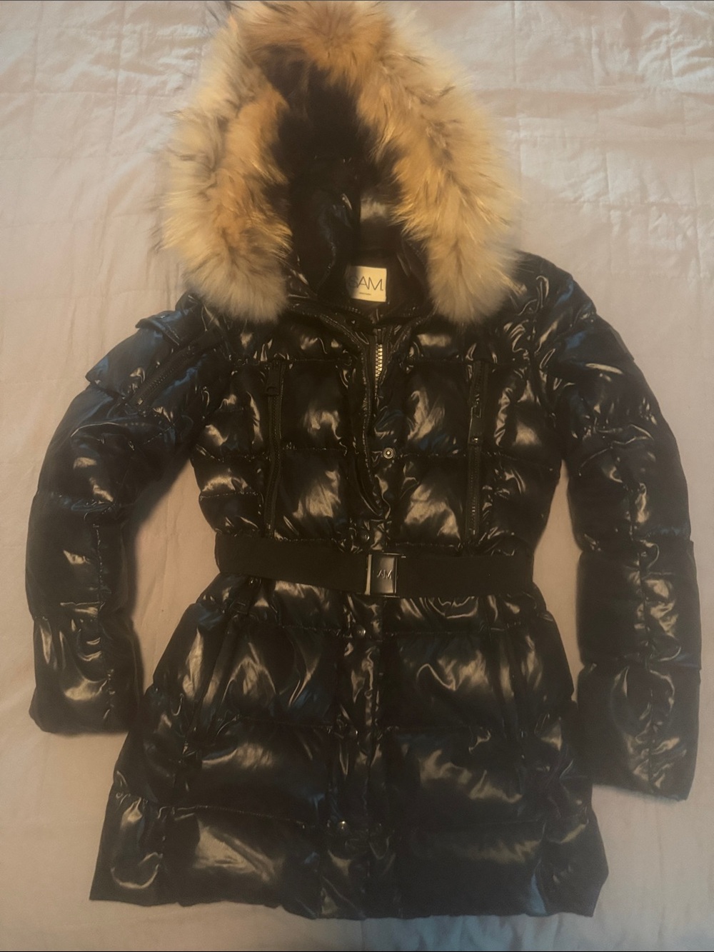 Girls Sam Black Gloss Puffer Coat with Faux Fur Hood